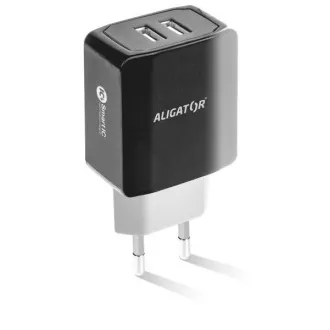 ALIGATOR 3.4A intelligens hálózati töltő, 2xUSB, intelligens IC, fekete, kábel iPhone/iPad 2A