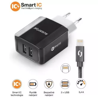 ALIGATOR 3.4A intelligens hálózati töltő, 2xUSB, intelligens IC, fekete, kábel iPhone/iPad 2A