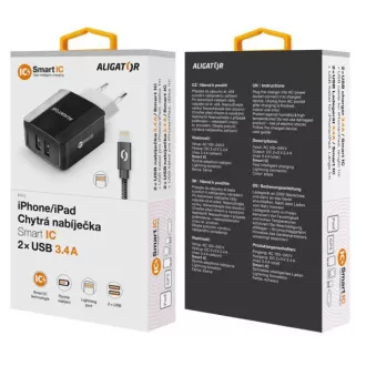 ALIGATOR 3.4A intelligens hálózati töltő, 2xUSB, intelligens IC, fekete, kábel iPhone/iPad 2A