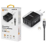 ALIGATOR 3.4A intelligens hálózati töltő, 2xUSB, intelligens IC, fekete, kábel iPhone/iPad 2A