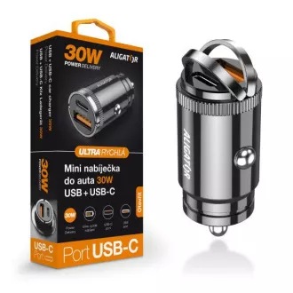 Alligator mini autós töltő Power Delivery 30W, USB-C   USB-A
