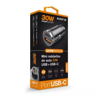 Alligator mini autós töltő Power Delivery 30W, USB-C   USB-A