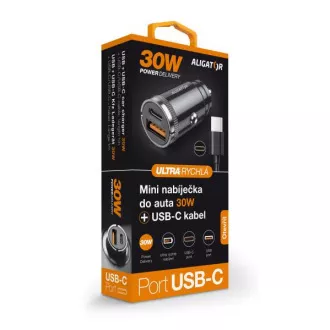Alligátor mini autós töltő Power Delivery 30W, USB-C   USB-A, USB-C/USB-C kábel