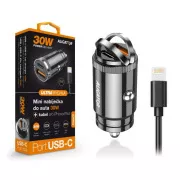 Alligátor mini autós töltő Power Delivery 30W, USB-C   USB-A, USB-C kábel iPhone/iPadhez/iPadhez