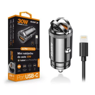 Alligátor mini autós töltő Power Delivery 30W, USB-C USB-A, USB-C kábel iPhone/iPadhez/iPadhez Alligátor mini autós töltő Power Delivery 30W, USB-C USB-A, USB-C kábel iPhone/iPadhez/iPadhez