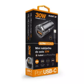 Alligátor mini autós töltő Power Delivery 30W, USB-C USB-A, USB-C kábel iPhone/iPadhez/iPadhez Alligátor mini autós töltő Power Delivery 30W, USB-C USB-A, USB-C kábel iPhone/iPadhez/iPadhez