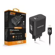 ALIGATOR Power Delivery 20W-os intelligens hálózati töltő, USB-C kábel iPhone/iPad-hez/iPadhez, fekete