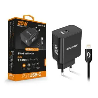 ALIGATOR Power Delivery 20W-os intelligens hálózati töltő, USB-C kábel iPhone/iPad-hez/iPadhez, fekete ALIGATOR Power Delivery 20W-os intelligens hálózati töltő, USB-C kábel iPhone/iPad-hez/iPadhez, fekete