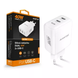 Intelligens hálózati töltő ALIGATOR Power Delivery 40W, 2xUSB-C, fehér