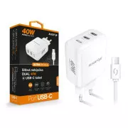 ALIGATOR Power Delivery 40W-os intelligens hálózati töltő, 2xUSB-C, USB-C/USB-C kábel, fehér