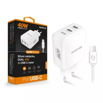 ALIGATOR Power Delivery 40W-os intelligens hálózati töltő, 2xUSB-C, USB-C/USB-C kábel, fehér ALIGATOR Power Delivery 40W-os intelligens hálózati töltő, 2xUSB-C, USB-C/USB-C kábel, fehér