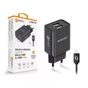 ALIGATOR 2.4A intelligens hálózati töltő, 2xUSB, intelligens IC, fekete, micro USB kábel, fekete, micro USB kábel