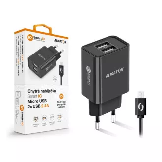 ALIGATOR 2.4A intelligens hálózati töltő, 2xUSB, intelligens IC, fekete, micro USB kábel, fekete, micro USB kábel