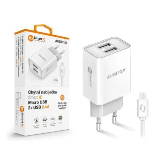 ALIGATOR 2.4A intelligens hálózati töltő, 2xUSB, intelligens IC, fehér, micro USB kábel