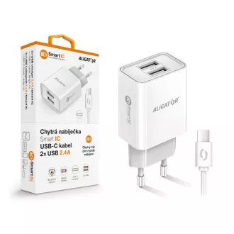 ALIGATOR 2,4A intelligens hálózati töltő, 2xUSB, intelligens IC, fehér, USB-C kábel