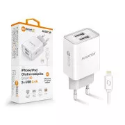 ALIGATOR 2.4A, 2xUSB, intelligens IC, fehér, USB kábel iPhone/iPadhez/iPadhez