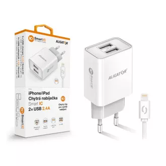 ALIGATOR 2.4A, 2xUSB, intelligens IC, fehér, USB kábel iPhone/iPadhez/iPadhez