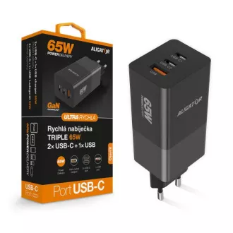 Alligátor töltő PD65W, 2USB-C, 1xUSB-A, fekete
