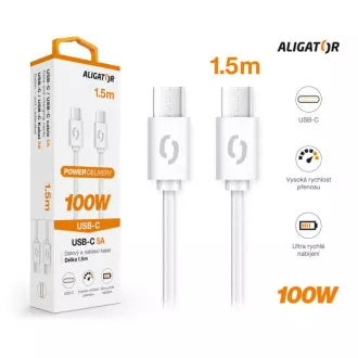Adatkábel ALIGATOR POWER 100W, USB-C/USB-C 5A, 1,5m fehér