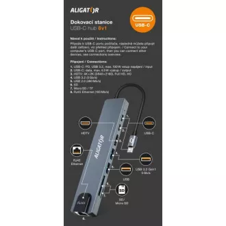 Aligator USB-C / Hub 8v1 dokkolóállomás (USB-C / 2xUSB / SD / MicroSD / HDTV / RJ45) Aligator USB-C / Hub 8v1 dokkolóállomás (USB-C / 2xUSB / SD / MicroSD / HDTV / RJ45)
