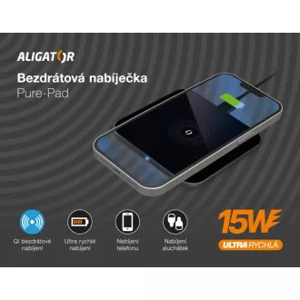 ALIGATOR Vezeték nélküli töltő Alligator Pure-Pad 15W, fekete