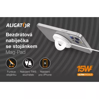 ALIGATOR vezeték nélküli töltő ALIGATOR Mag-Pad, MagSafe-hoz, 15W, fehér