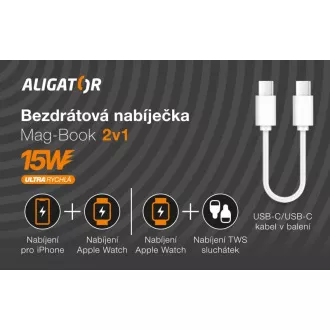 Vezeték nélküli töltő ALIGATOR Mag-Book 2in1, MagSafe és Apple Watch töltéshez, 15W, fehér