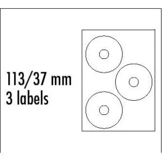 Logós címkék CD-hez 113/37mm, A4, matt, fehér, 3 címke, 140g/m2, 25 db-os csomagolásban, tintasugaras és lézernyomtatókhoz.