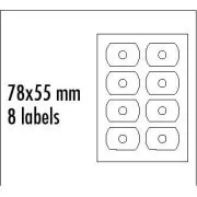Logós címkék CD-hez 78mm x 55mm, A4, matt, fehér, 8 címke, CD-R kártya, 140g/m2, 25 darabos csomag, tintasugaras és lézernyomtatáshoz.