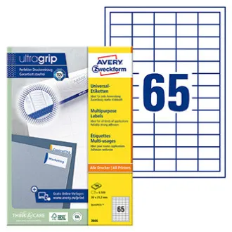 Avery Zweckform címkék 38 x 21,2 mm, A4, fehér, 65 címke, 100 darabos csomag, 3666, lézer- és tintasugaras nyomtatókhoz, fénymásolókhoz