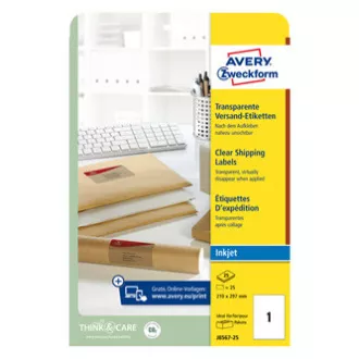 Avery Zweckform címkék 210mm x 297mm, A4, átlátszó, átlátszó, 1 címke, csomagokhoz, 25 db-os csomagolásban, J8567-25, atramenhez Avery Zweckform címkék 210mm x 297mm, A4, átlátszó, átlátszó, 1 címke, csomagokhoz, 25 db-os csomagolásban, J8567-25, atramenhez