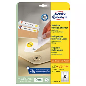 Avery Zweckform címkék 63,5 mm x 29,6 mm, A4, fehér, 27 címke, eltávolítható, 25 darabos csomag, L4737REV-25, lézer- és tintasugaras nyomtatáshoz.