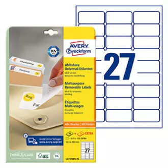 Avery Zweckform címkék 63,5 mm x 29,6 mm, A4, fehér, 27 címke, eltávolítható, 25 darabos csomag, L4737REV-25, lézer- és tintasugaras nyomtatáshoz.