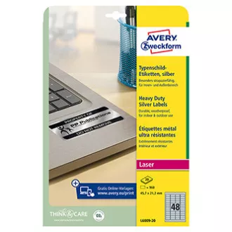 Avery Zweckform címkék 45,7mm x 21,2mm, A4, ezüst, 48 db, nagyon tartós, 20 db-os csomagolásban, L6009-20, lézernyomtatóhoz Avery Zweckform címkék 45,7mm x 21,2mm, A4, ezüst, 48 db, nagyon tartós, 20 db-os csomagolásban, L6009-20, lézernyomtatóhoz