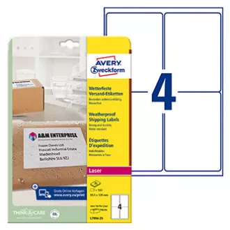 Avery Zweckform címkék 99,1 mm x 139 mm, A4, fehér, 1 címke, vízálló, 25 darabos csomag, L7994-25, lézernyomtatókhoz