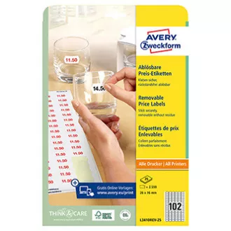 Avery Zweckform árcímkék 26mm x 16mm, A4, fehér, 102 címke, eltávolítható, 25 darabos csomag, L3410REV-25, lézer- és tintasugaras nyomtatáshoz.