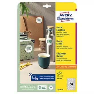 Avery Zweckform címkék 40mm, A4, fehér, 24 címke, 10 darabos csomag, L3415-10, lézer- és tintasugaras nyomtatókhoz, fénymásolókhoz Avery Zweckform címkék 40mm, A4, fehér, 24 címke, 10 darabos csomag, L3415-10, lézer- és tintasugaras nyomtatókhoz, fénymásolókhoz