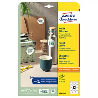 Avery Zweckform címkék 60mm, A4, fehér, 12 címke, 10 darabos csomag, L3416-10, lézer- és tintasugaras nyomtatókhoz, fénymásolókhoz