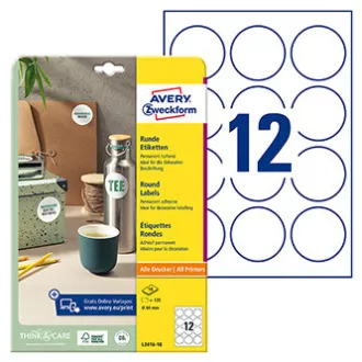 Avery Zweckform címkék 60mm, A4, fehér, 12 címke, 10 darabos csomag, L3416-10, lézer- és tintasugaras nyomtatókhoz, fénymásolókhoz