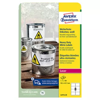 Avery Zweckform címkék 99,1mm x 67,7mm, A4, matt, fehér, 8 címke, nagyon tartós, 20 darabos csomag, L4715-20, lézernyomtatókhoz, lézernyomtatóhoz.