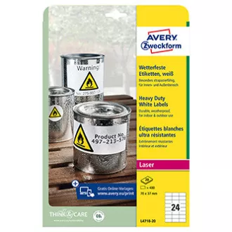 Avery Zweckform címkék 70mm x 37mm, A4, matt, fehér, 24 címke, nagyon tartós, 20 darabos csomag, L4718-20, lézernyomtatókhoz Avery Zweckform címkék 70mm x 37mm, A4, matt, fehér, 24 címke, nagyon tartós, 20 darabos csomag, L4718-20, lézernyomtatókhoz