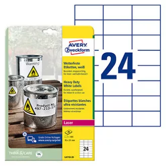 Avery Zweckform címkék 70mm x 37mm, A4, matt, fehér, 24 címke, nagyon tartós, 20 darabos csomag, L4718-20, lézernyomtatókhoz Avery Zweckform címkék 70mm x 37mm, A4, matt, fehér, 24 címke, nagyon tartós, 20 darabos csomag, L4718-20, lézernyomtatókhoz