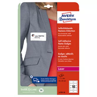 Avery Zweckform névcímkék 80mm x 50mm, A4, fehér, 10 címke, öntapadós, 20 darabos csomag, L4785-20, lézernyomtatókhoz