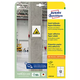 Avery Zweckform címkék 105mm x 48mm, A4, fehér, 12 címke, magas öntapadó képességű, 20 darabos csomag, L7875-20, lézer- és atram-alapú címkékhez.