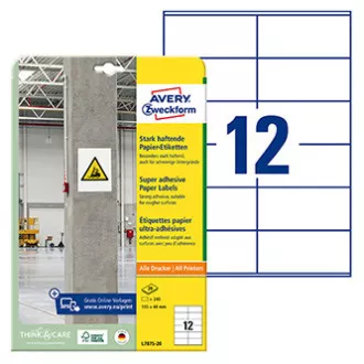 Avery Zweckform címkék 105mm x 48mm, A4, fehér, 12 címke, magas öntapadó képességű, 20 darabos csomag, L7875-20, lézer- és atram-alapú címkékhez.