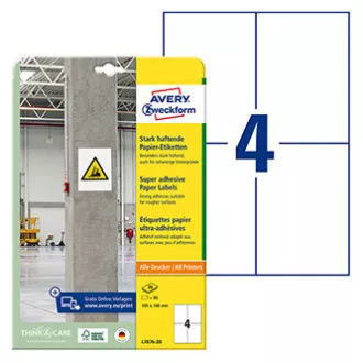 Avery Zweckform címkék 105mm x 148mm, A4, fehér, 4 címke, magas öntapadó képességű, 20 darabos csomag, L7876-20, lézer- és atram-alapú címkékhez.