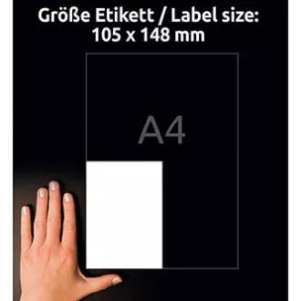 Avery Zweckform címkék 105mm x 148mm, A4, fehér, 4 címke, magas öntapadó képességű, 20 darabos csomag, L7876-20, lézer- és atram-alapú címkékhez.