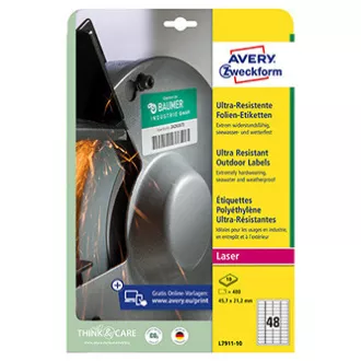 Avery Zweckform címkék 45,7mm x 21,2mm, A4, fehér, 48 címke, rendkívül tartós, 10 db-os csomagolásban, L7911-10, lézernyomtatókhoz és lézernyomtatókhoz.