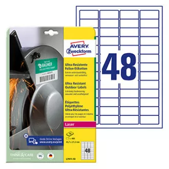 Avery Zweckform címkék 45,7mm x 21,2mm, A4, fehér, 48 címke, rendkívül tartós, 10 db-os csomagolásban, L7911-10, lézernyomtatókhoz és lézernyomtatókhoz.
