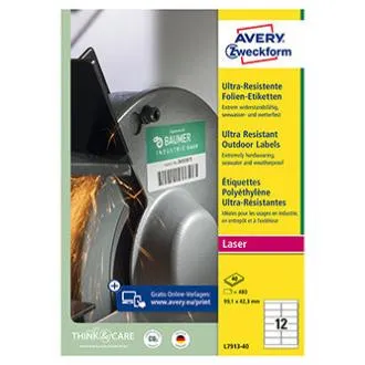 Avery Zweckform címkék 99,1 mm × 42,3 mm, A4, fehér, 12 címke, rendkívül strapabíró, 40 darabos csomagolásban, L7913-40, lézernyomtatókhoz és